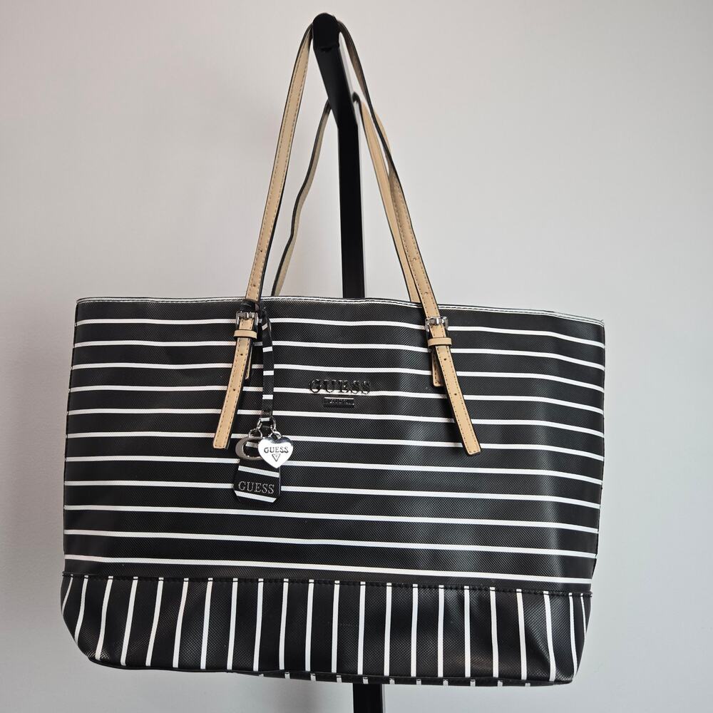 Vintage Y2K Guess Tote Bag Purse Black White Stripe Coated Canvas Heart Charm
